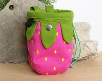 Pink Strawberry Chalk Bag, Cute Strawberries Varieties Pink, Red, Multicolored, Rock Climber Magnesia Sack, Arampi Design
