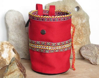 Red Chalk Bag with Colorful Ethno Tape, Flat Round Bottom, Ethnic Design Rock Climbing Bag, Gift for Climber, Arampi Shop Bags for Climbers