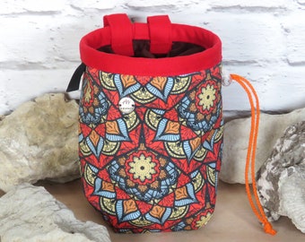 Red Mosaic Chalk Bag, Gift for Climber, Rosette Pattern Printed Cotton Chalkbag, , Rock Climbing Bohemian Bag , Arampi Chalk bags