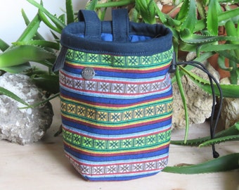 Rock Climbing Chalk Bag Blue Green Stripes, Ethnic Bag Gift for Climber, Arampi Design