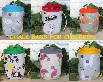 Small Chalk Bag for Children, Patterns with Cats, Foxes, Pandas, Flamingos, Small Climbing bag, Gift for Climber