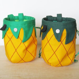 yellow pineapple with light and dark green leaves chalk bag for climber, embroidered thick fabric