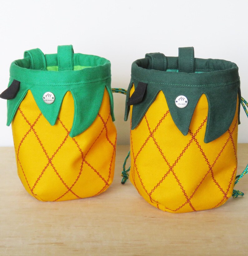 yellow pineapple with light and dark green leaves chalk bag for climber, embroidered thick fabric
