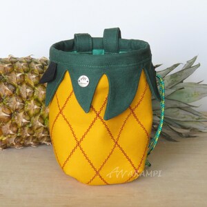 yellow pineapple with green leaves chalk bag for climber, embroidered thick fabric