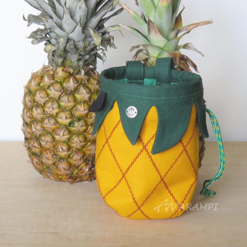 yellow pineapple with green leaves chalk bag for climber, embroidered thick fabric