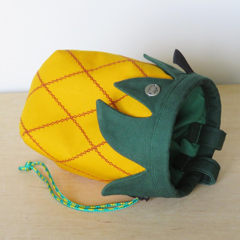 yellow pineapple with green leaves chalk bag for climber, embroidered thick fabric