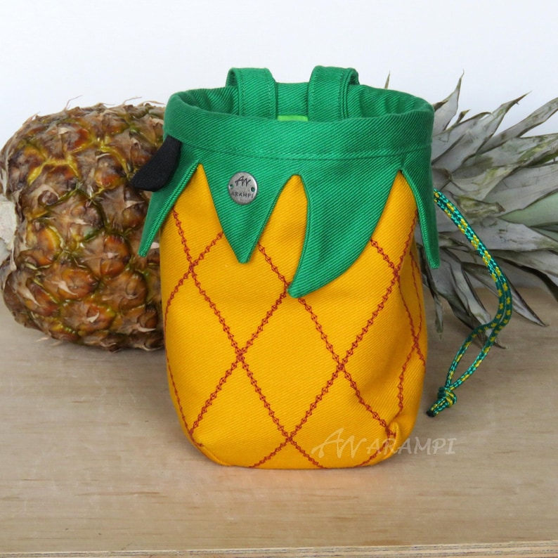 yellow pineapple with green leaves chalk bag for climber, embroidered thick fabric