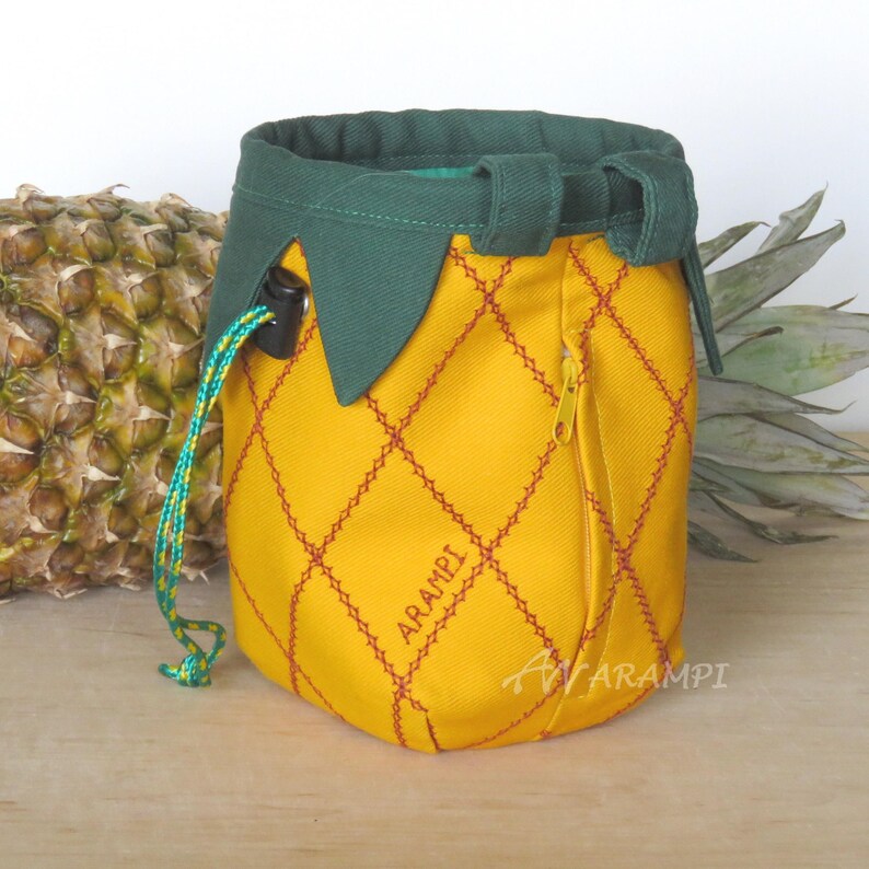 yellow pineapple with green leaves chalk bag for climber, embroidered thick fabric