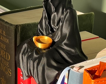 Suriel Fantasy Bookshelf Decor | Cloaked Figure with Teacup, Book Lover Collectible