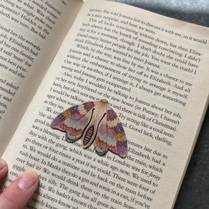 Può includere: Una toppa ricamata a forma di falena con un intricato lavoro di filo nei toni del rosa, blu, giallo e marrone, caratterizzata da un corpo centrale e motivi alari dettagliati, posizionata direttamente sulle pagine aperte di un libro.