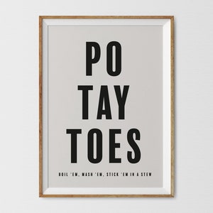 Impresión digital de pared "Po-tay-toes": arte tipográfico minimalista para cocinas, comedores y más