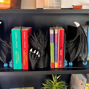 Gothic Black Dragon Bookends with Blue Crystals: Fantasy Shelf Decor
