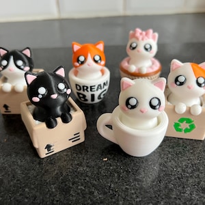 Puede incluir: Colección de adorables figuras de gatos en varios colores, incluyendo negro, blanco y naranja. Algunos gatos están en pequeñas cajas, otros en una taza o un recipiente con la frase "DREAM BIG". Las figuras tienen ojos grandes y expresiones lindas.