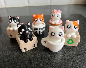 Kawaii Cat Clicker Toys, Desk Fidget Companions, Coffee Cup and Box Designs