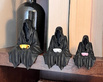 Suriel Fantasy Bookshelf Decor | Cloaked Figure with Teacup, Book Lover Collectible