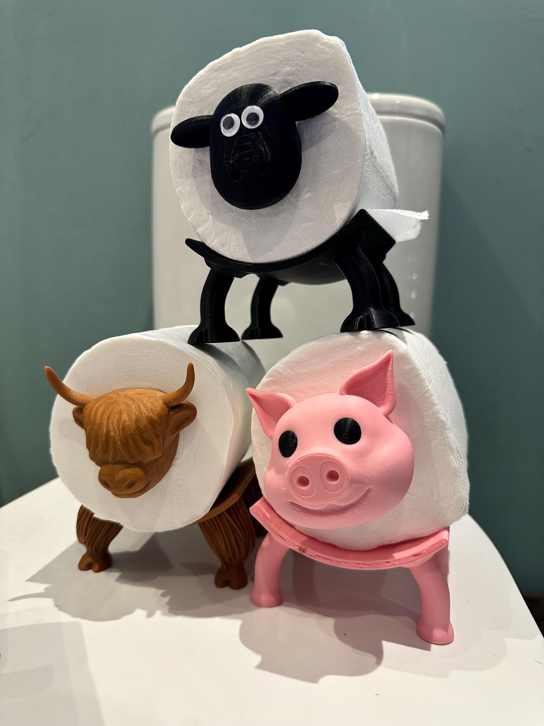 Funny Farm Animal Toilet Roll Holder Set — Pig, Cow, and Sheep Bathroom Decor, Whimsical Gift for Kids and Animal Lovers, Playful Farmhouse