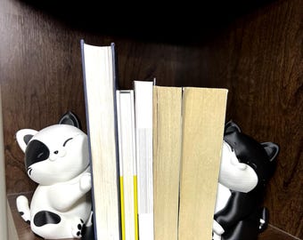 Cuddling Cat Bookends Black and White | Modern Animal Shelf Decor, Minimalist Bookend