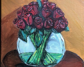 Roses in Vase, still life, acrylic on canvas painting