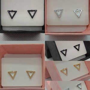 Minimalistic handmade black, silver and gold colored open design triangle stud earrings hypoallergenic studs