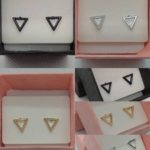 Minimalistic handmade black, silver and gold coloured open design triangle stud earrings hypoallergenic studs