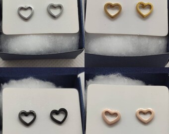 Minimalistic open design heart ear studs small stud earrings in silver gold black or rose gold coloured stainless steel bohemian style