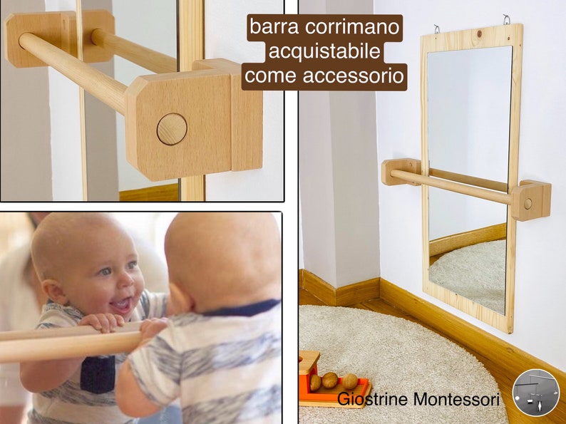 Montessori FIR mirror Adjustable beech wood support for mobiles specchio+supp.+barra