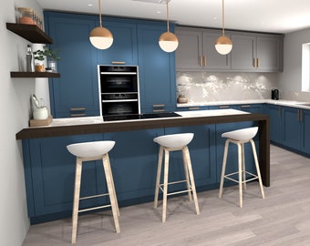 May include: A modern kitchen with blue cabinets, a white countertop, and a kitchen island with three bar stools. The kitchen has a large window and a door leading to the backyard.