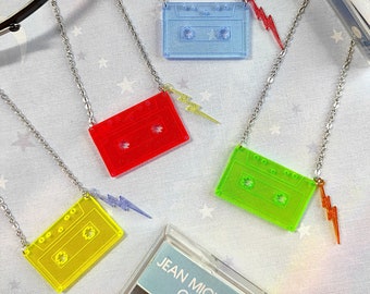 Necklace: CASSETTE TAPE! plexi - Year 80 90 - 80&#39;s 90&#39;s Jewelry