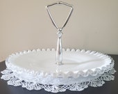 Vintage Fenton Milk Glass Silvercrest Handled Candy or Serving Dish with Crimped Edge