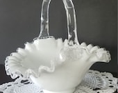 Vintage Fenton Clear White Milk Glass Silver Crest Basket with Ruffled Edge
