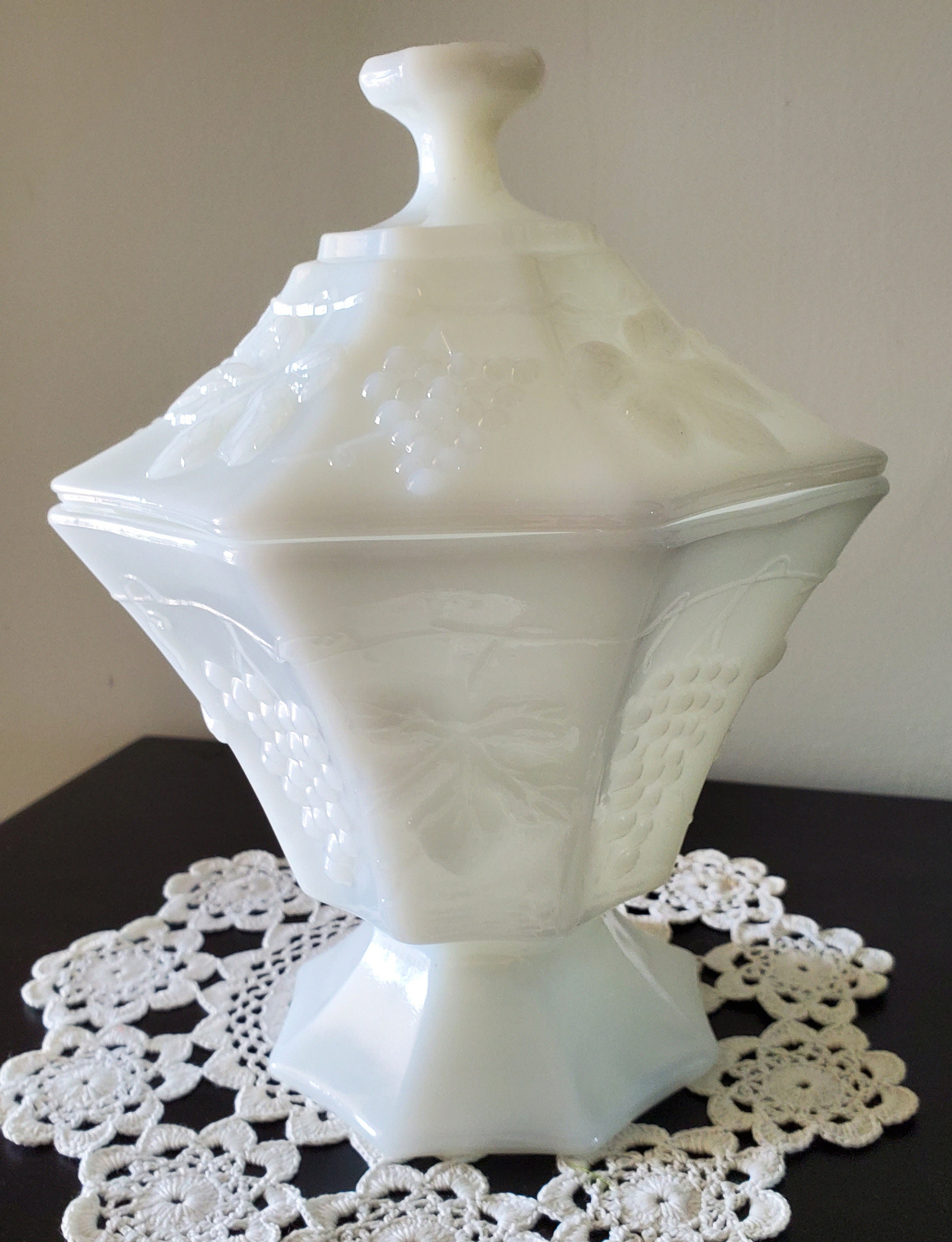 Milk Glass Candy Dish With Pedestal Grape Leaves Pattern Lace Rim Art