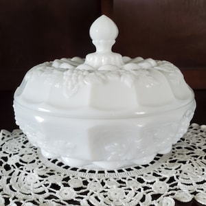 Vintage Westmoreland Milk Glass Grapes and Leaves Covered Candy Dish w/Lid