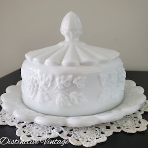 Vintage Westmoreland Milk Glass Grapes & Leaves Covered Butter/Cheese Dish