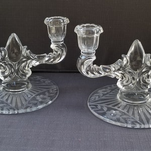 Pair of Vintage Clear, Etched NEW MARTINSVILLE GLASS Teardrop-2 Light Candlesticks