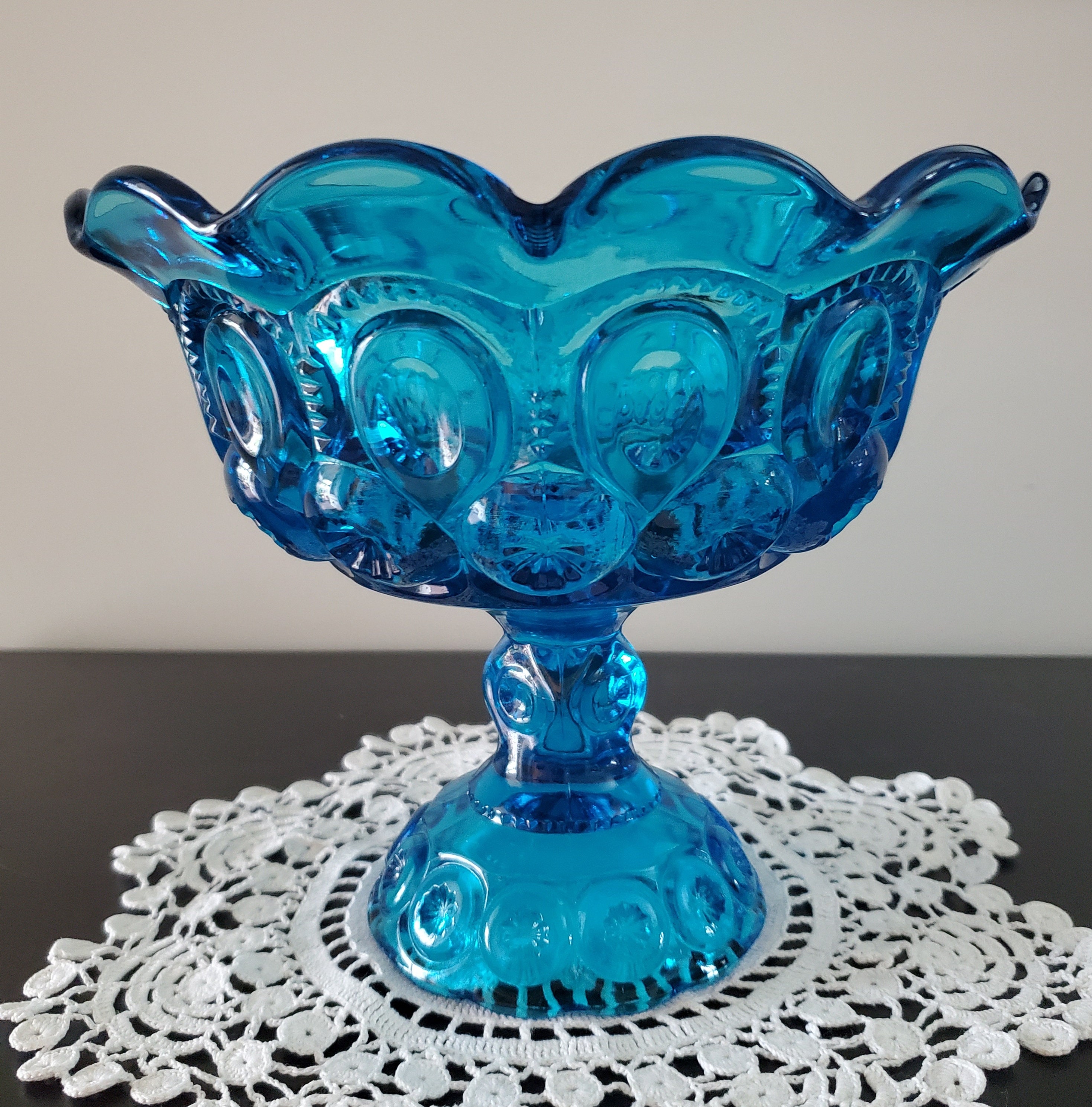 Vintage L.E. Smith Moon & Stars Blue Turquoise Glass Pedestal