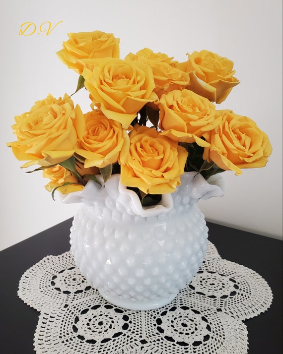 Vintage Older Fenton Medium Size Hobnail Milk Glass Ruffled Vase 