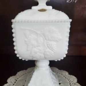 Vintage Westmoreland Beaded Milk Glass Grape Pedestal Candy Dish