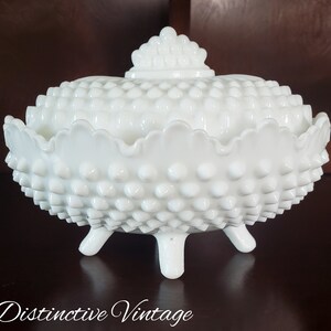Vintage Fenton Milk Glass Hobnail Oval Lidded Candy Bowl