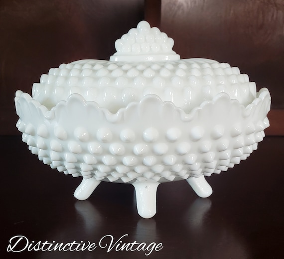 Vintage Fenton Milk Glass Hobnail Oval Lidded Candy Bowl - Etsy 日本