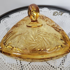 Vintage Triangle Shaped Amber Glass Covered Candy Dish by Hazel Atlas