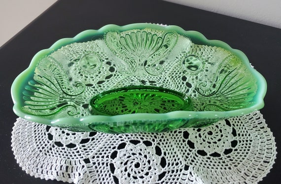 Vintage Jefferson Glass-Jewel & Fan Footed Banana Boat Green Dish