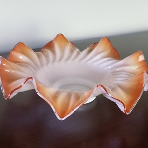 Vintage Orange and White Cased Glass Ruffled Edge Bridal Basket Bowl
