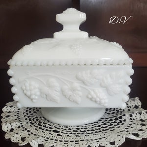 Vintage Westmoreland Milk Glass Beaded Grape and Vine Covered Candy Dish