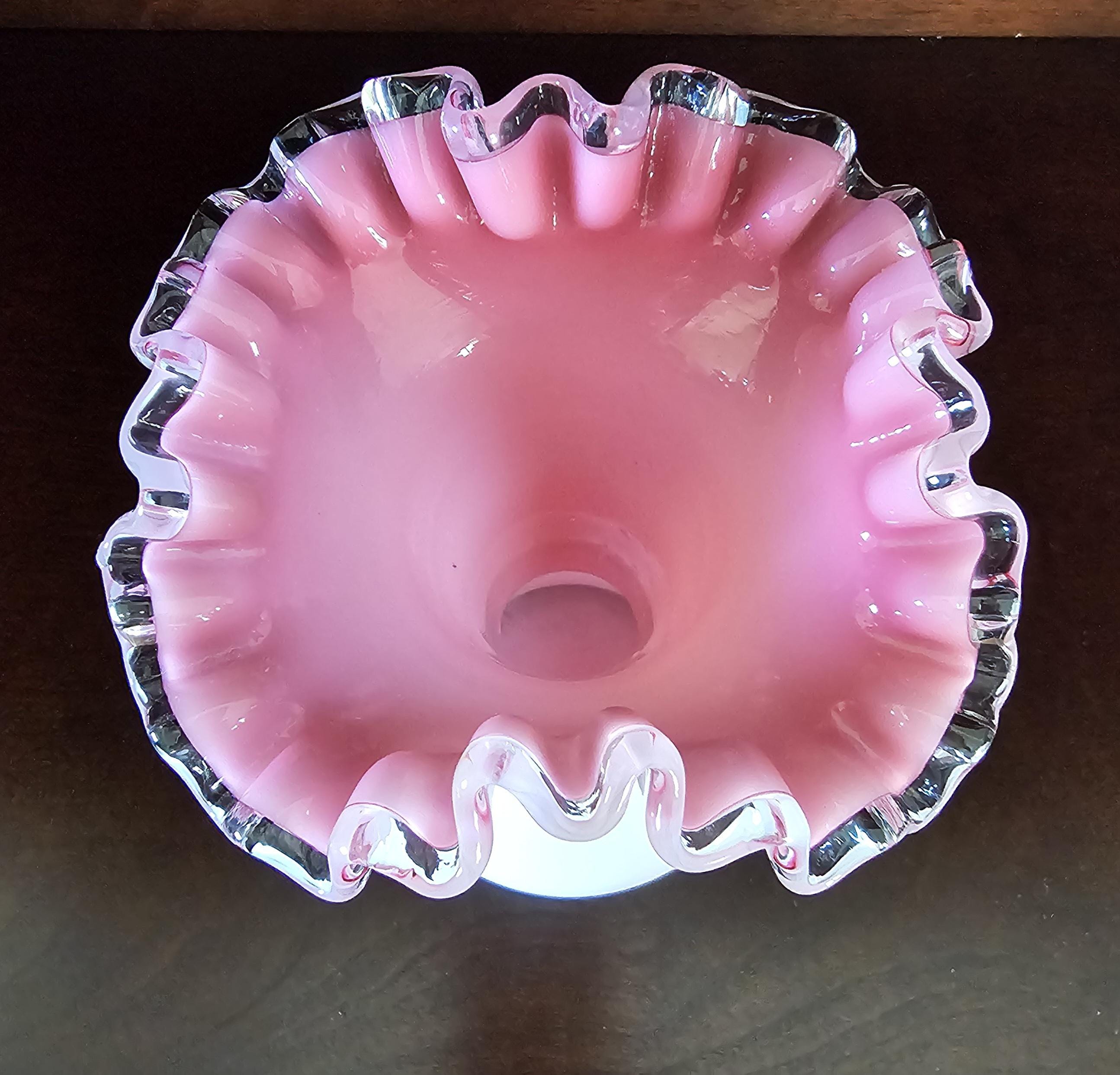 Fenton White Milk Glass Cased Pink/Peach Silvercrest Vase, Vintage
