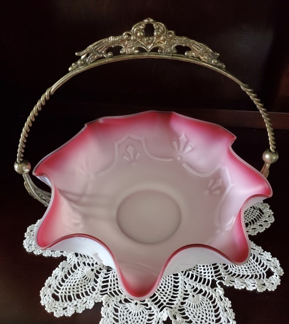 Vintage Fenton Bride's Basket: Pink & White Ruffled Bowl With
