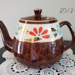 Vintage Arthur Woods Brown, Cream, Teal & Orange with Gold Accents Teapot