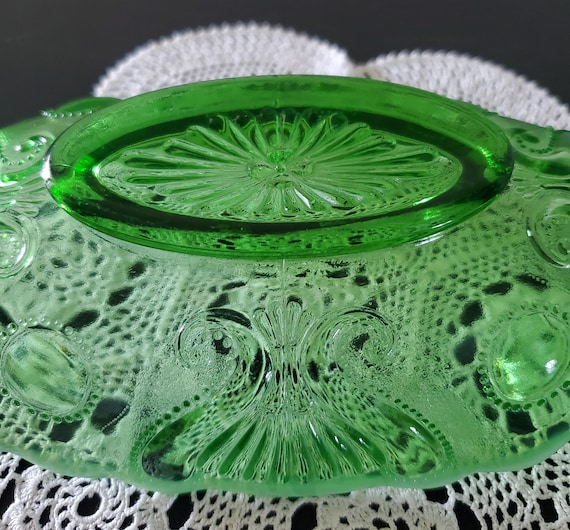 Vintage Jefferson Glass-Jewel & Fan Footed Banana Boat Green Dish
