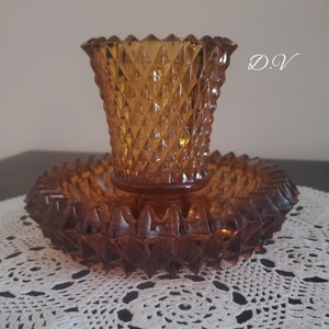 Vintage Indiana Glass Tiara-Diamond Point Design-Amber Candle Holder