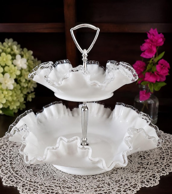 フェントン　アンティークガラス　小物入れ　Fenton silver crest Vintage Fenton Silver Crest- 2 Tier Ruffled Serving Dishes - Etsy