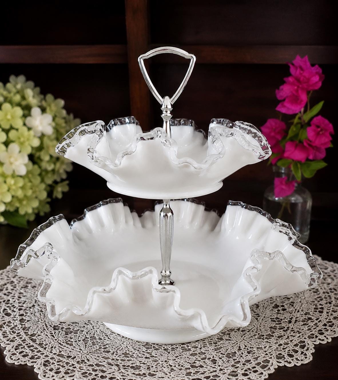 フェントン　アンティークガラス　小物入れ　Fenton silver crest Vintage Fenton Silver Crest- 2 Tier Ruffled Serving Dishes - Etsy